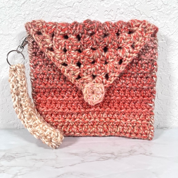Hand Crafted Handbags - Coral Crochet Wristlet Clutch